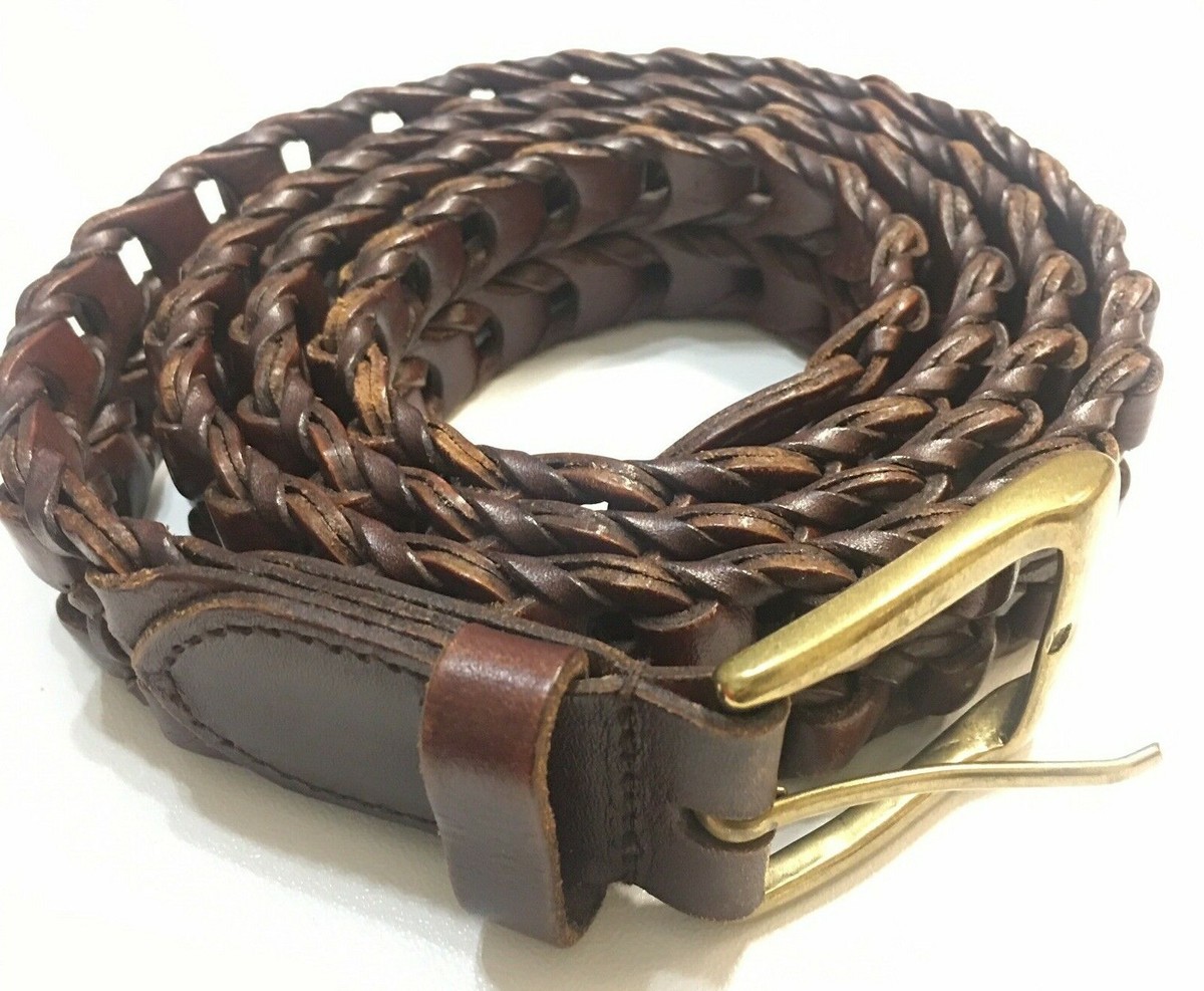 Leather Belt Woven Braided Brown Solid Brass Buckle Men 42 