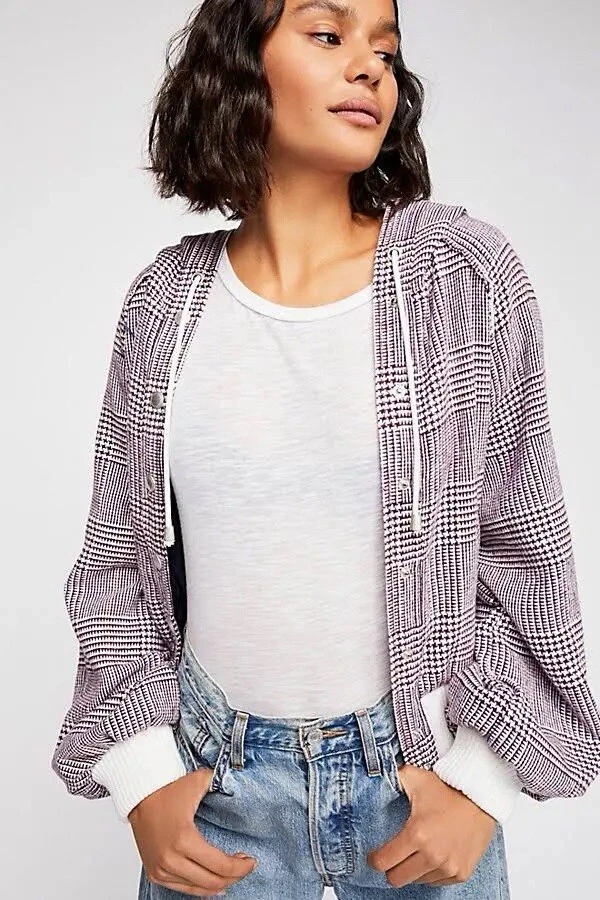 OFF WHITE Free People Giacca Bomber Fabian Plaid con Cappuccio Marrone Rosso Off White Blu Donna XS