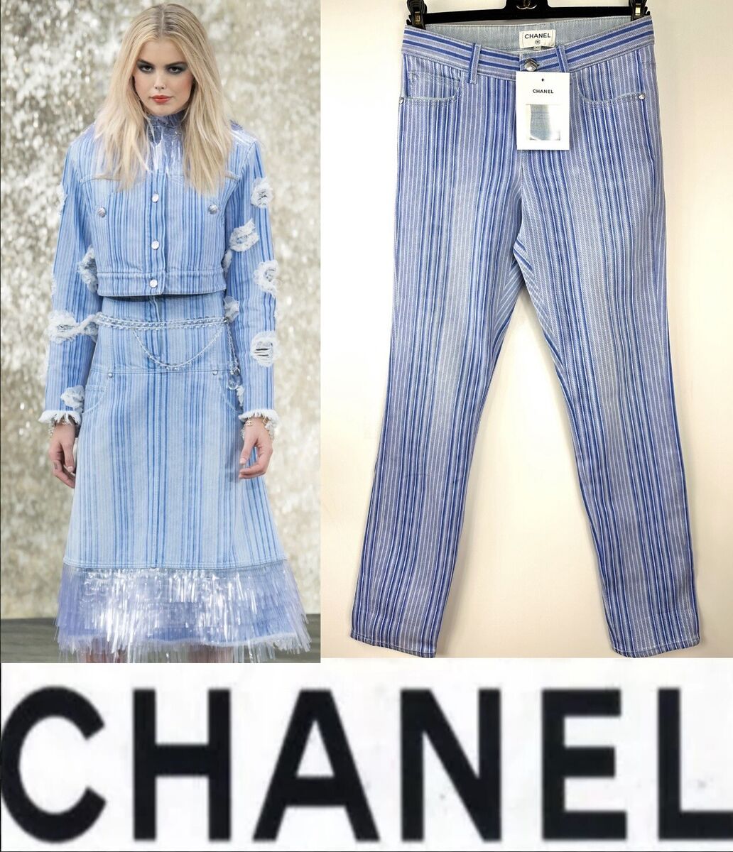2.3k Chanel 2018 Blue Straight white jeans pants Logo 34 36 2.3k Chanel 2018 Blue Straight white jeans pants Logo 34 36