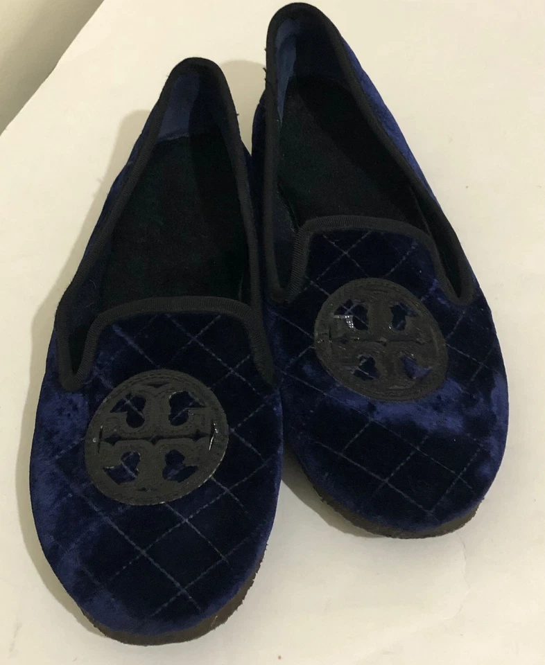 Zapatilla Billy Acolchada Tory Burch Inteligente Terciopelo Cuero Plana Talla 9M en Azul Marino/Negro Foto 2 de 4