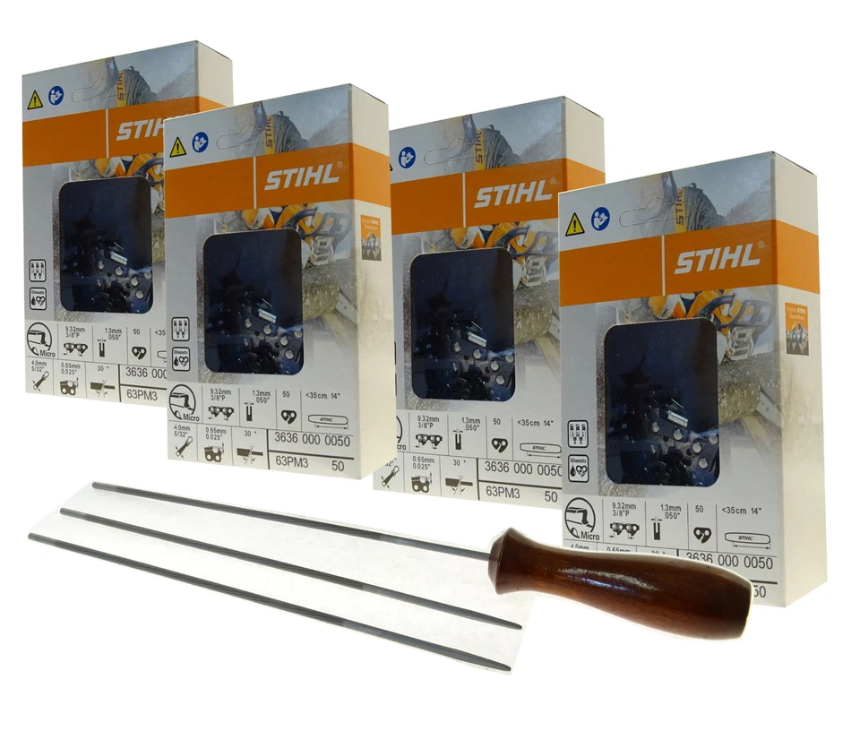4 Stihl 35cm 3/8 1,3 Picco Micro Sägeketten 3636 000 0050, 3 Feilen, Feilengriff