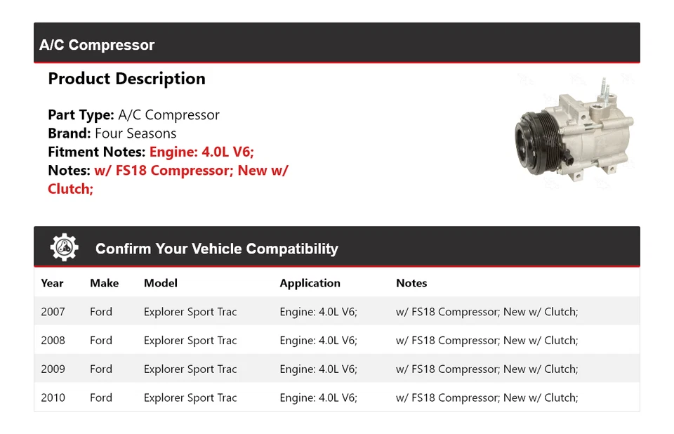 Compresor de aire acondicionado para Ford Explorer Sport Trac 2007-2010 4,0 L V6 4 estaciones 2008 Foto 2 de 4