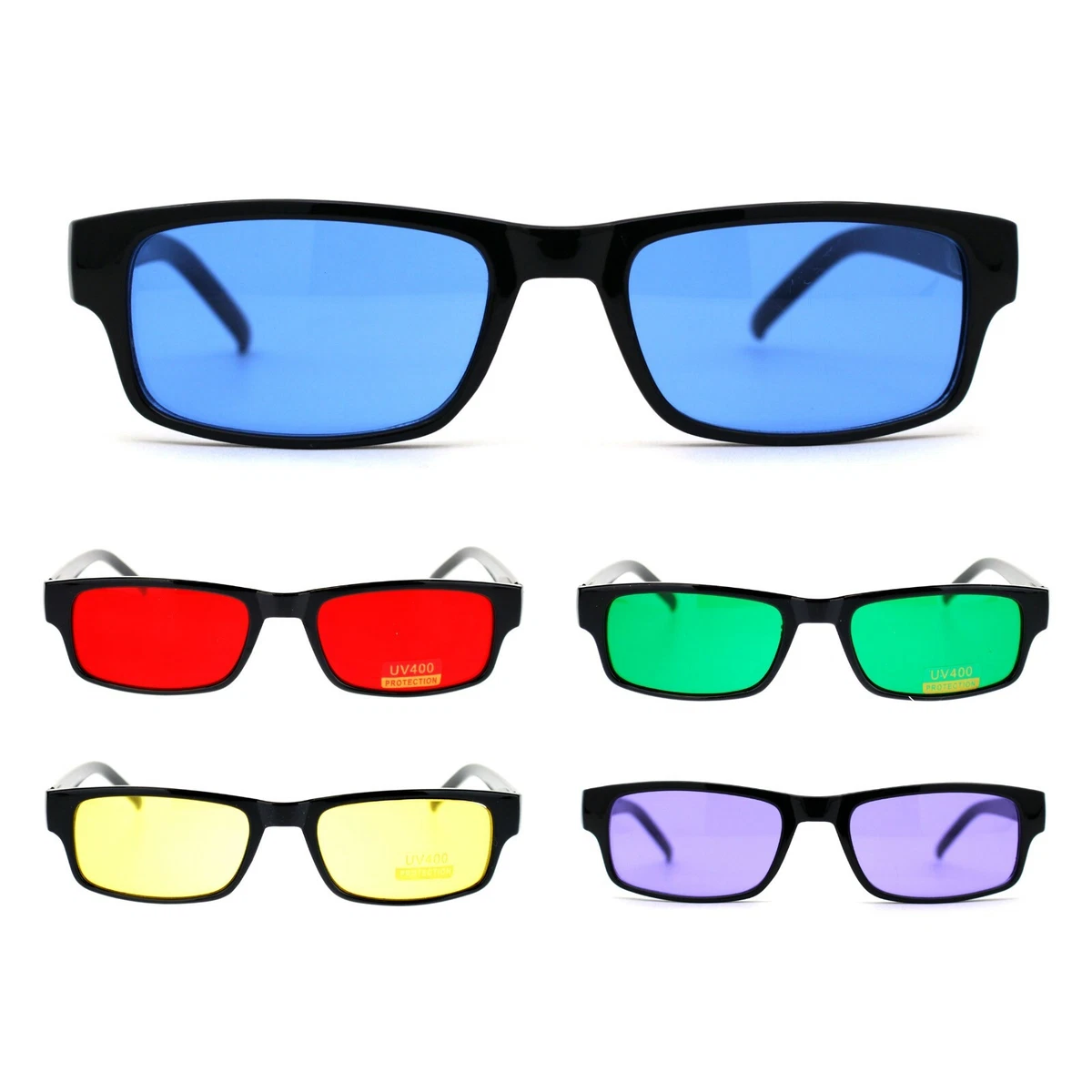 Mens New Small Face Snug Fit Color Lens Rectangular Plastic Frame Sunglasses