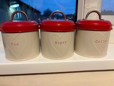 Retro Set of 3 Red & Cream Tea Coffee Sugar Canister Tin Set. Heart Design