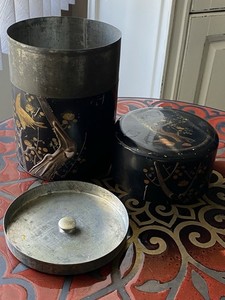 Antique Japanese Laquerware Tea Caddie / Canister, Double Lid, Chinoiserie Style