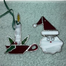 VTG Stained Glass Art Sun Catcher Window Christmas Santa AND Candle Set