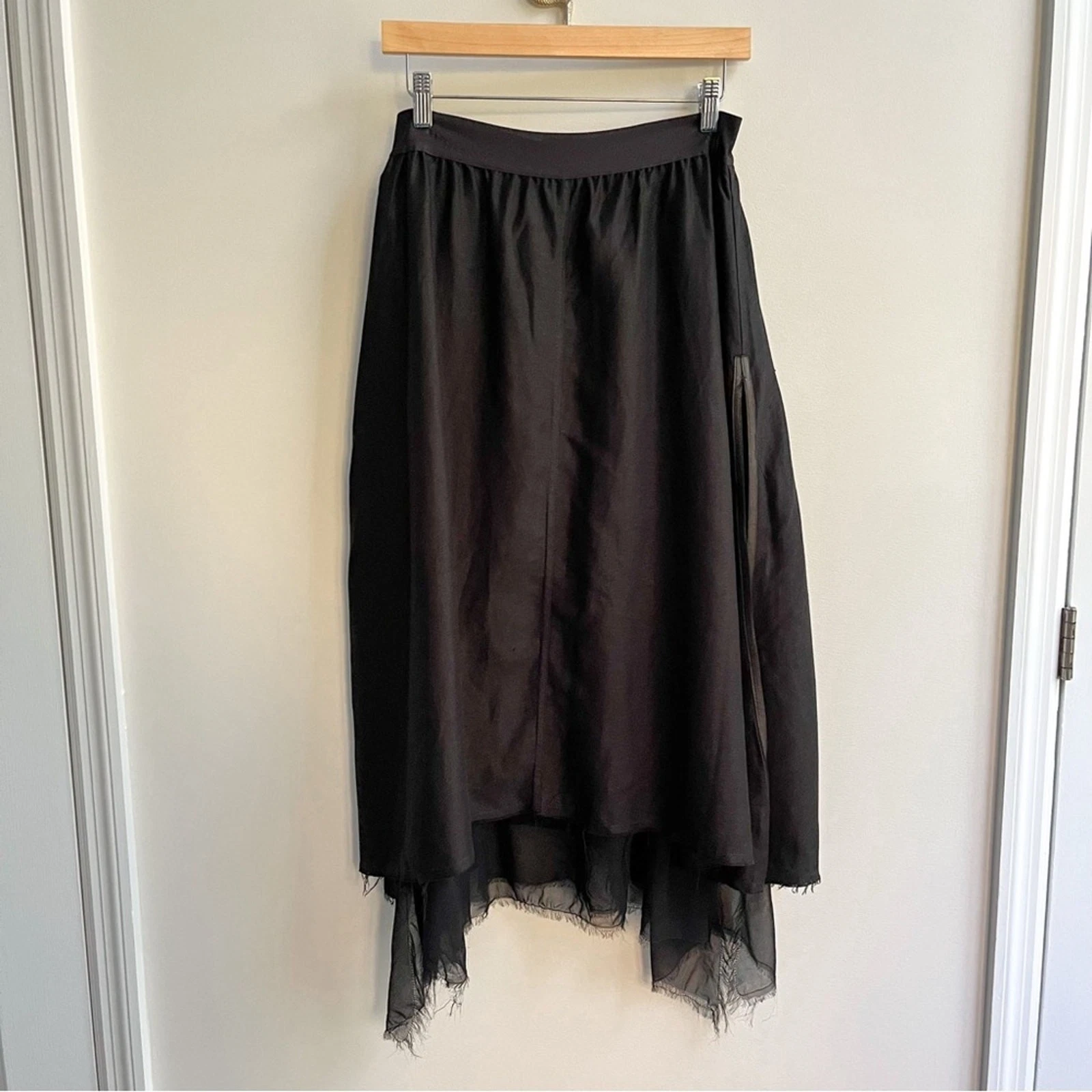 Illia Vintage Linen Silk Leather Trim Layered Side Slit Full Midi Skirt Black 2