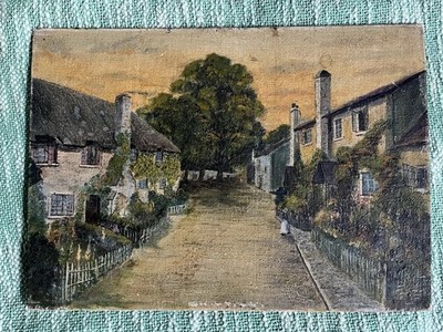 Öl auf Leinwand Tafel schön gealtert englische Dorfszene um 1925