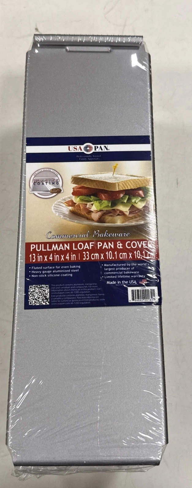 USA Pan Bakeware Pullman Loaf Pan with Cover, 13 x 4 inch, Nonstick & Quick-NEW