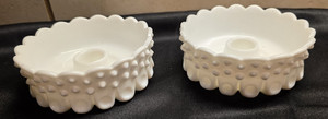 Vintage Fenton Milk Glass Hobnail Thumbprint Candle Holders - set of 2