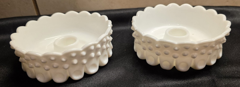 Vintage Fenton Milk Glass Hobnail Thumbprint Candle Holders - set of 2