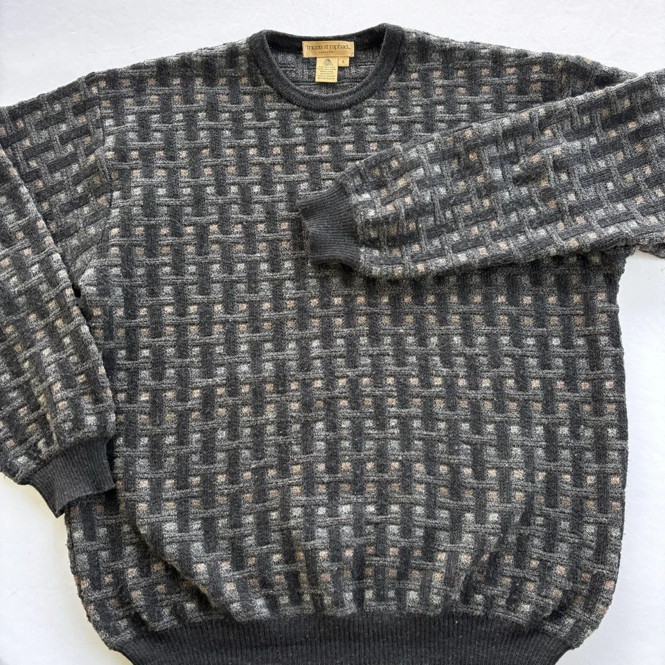 Tricots St. Raphael Merino Wool Sweater Men’s Large Gray Pattern Made Uruguay - Image 2 of 4