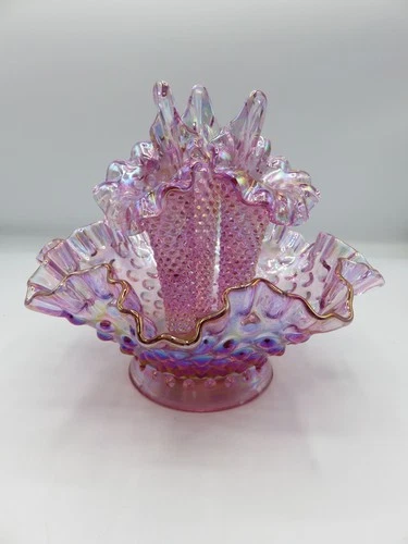Fenton Carnival Glass Iridescent Hobnail Pink-Violet 3 Horn Epergne Rare Gem