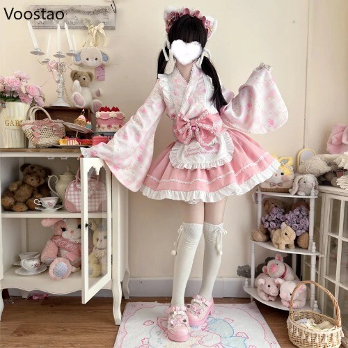 Japanese Sweet Lolita Kimono Dress Kawaii Strawberry Cat Print Bow Apron Maid - Picture 3 of 29