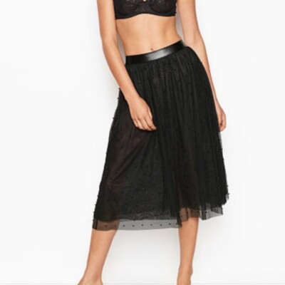 Victoria Secret Skirt XS Black Sheer Tulle Beaded Lace Banded New