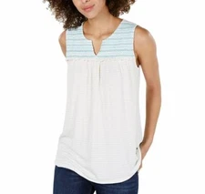 Style & Co Womens M Turquoise White Embroidered Zigzag Split Neck Tank Top NWT