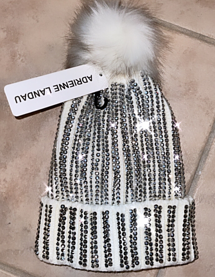 Adrienne Landau O/S White Bling Pom Beanie Hat Rhinestone 
