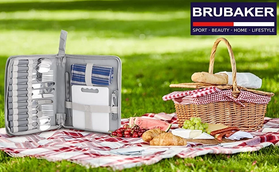BRUBAKER Picknick Besteckset 4 Personen mit Schneidbrett Grau für Camping Reisen - Bild 2 von 4