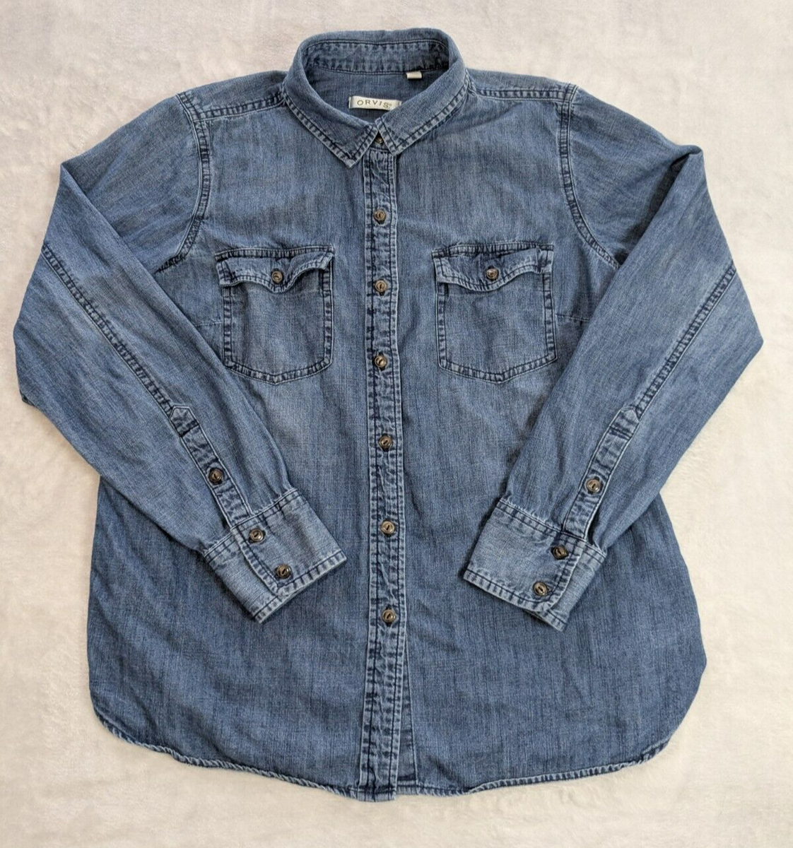 Vintage Orvis Jacket Womens M Blue Denim Jean Chore Coat Barn Coat 100%  Cotton