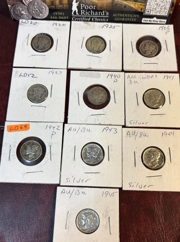 90% Silver Dimes-Bullion Prices! 10 Diff Mercs. Shown! .728 Oz Pure Silver! LD20