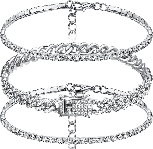 3 Pcs Anklets Bracelet for Women Adjustable Diamond Tennis Cuban Style Link A... - Picture 5 of 12