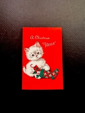 1 VTG NOS Norcross Xmas Greeting Card Cutest Pussy Cat Kitten Playing W/Stocking