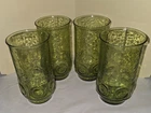 4 Vintage Avocado Green 5.5in  Glasses Heritage Hill Circles Anchor Hocking