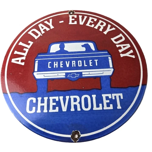 Vintage Chevrolet Porcelain Sign - Service Gas Pump Chevy All Day Man / Dog Sign