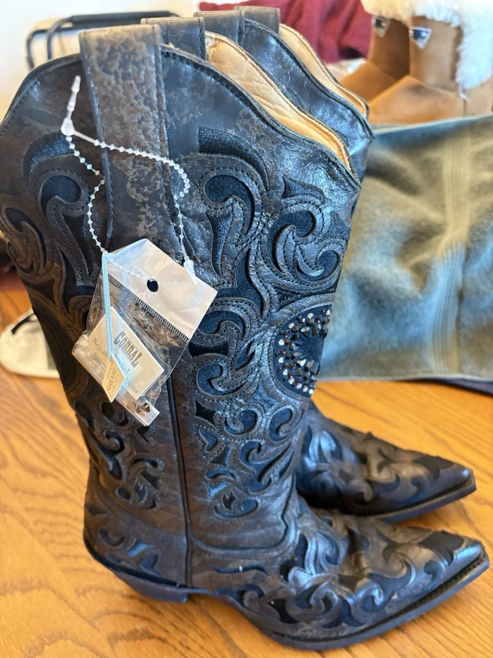 Womens Corral Inlay Embroidery Studs Cowgirl Boots Snip Toe A1102 Ss 9 Med - Image 2 of 4