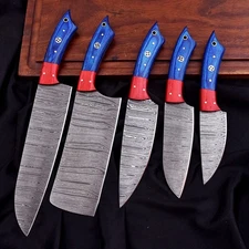 CUSTOM HANDMADE DAMASCUS 5 PIECES CHEF SET WOOD HANDLE MOSAIC PIN & LEATHER BAG