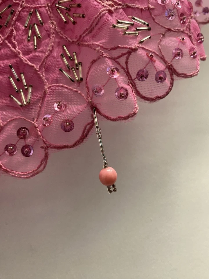 Hand Beaded VTG Pink Sequin Flower Sheer Capelet Shawl Burlesque Bowlero - Image 4 of 4