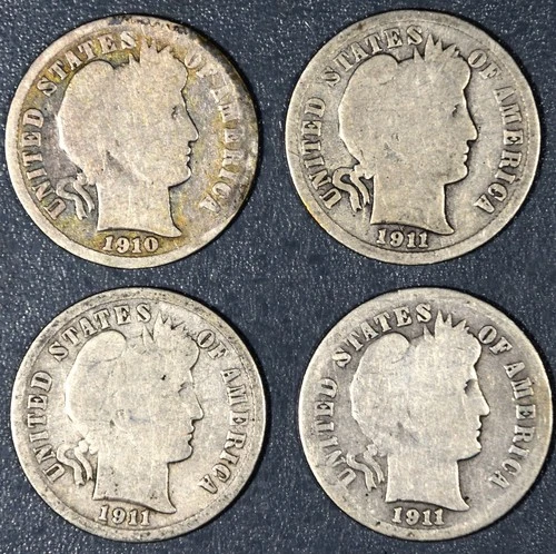 1910-S 1911-PDS 10C BARBER SILVER DIMES Lot of 4 KM#113 Circulated A6313