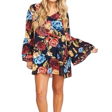 Show Me Your Mumu Sz XS Nolita Mini Dress Dark Floral Blooms Bell Sleeves V-Neck