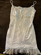 NSBONU Silver Sequin Mini Dress S Spaghetti Strap Lace-Up Back Party