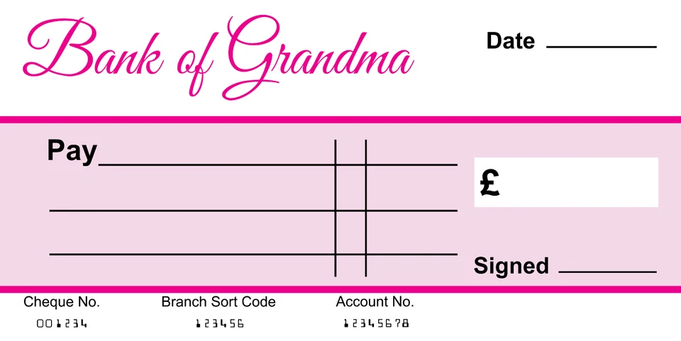 EXTRA Large Bespoke Cheque Check Bank of Grandma Gift Joke Presentation Printed