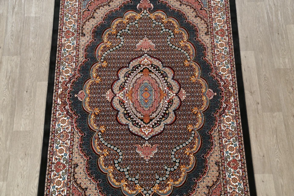 Alfombra acrílica de lana oriental turca Hereke negra suave medallón floral 5x7 Foto 3 de 4