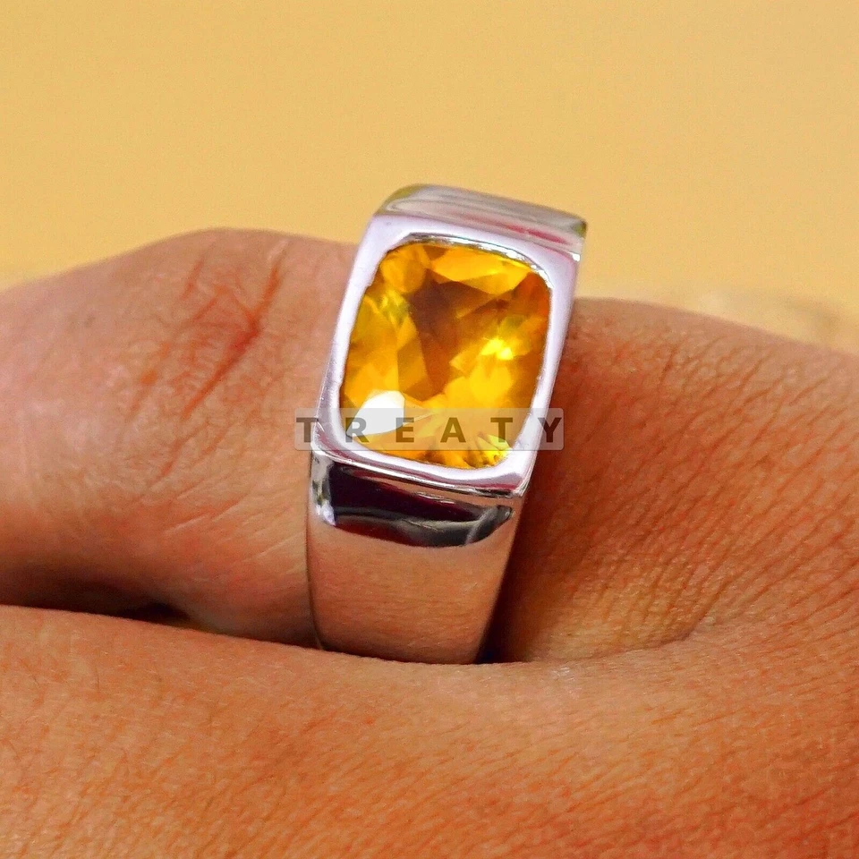 Cojín de citrino corte con anillo chapado en oro de plata de ley 925 para hombre #B793 * Foto 2 de 4