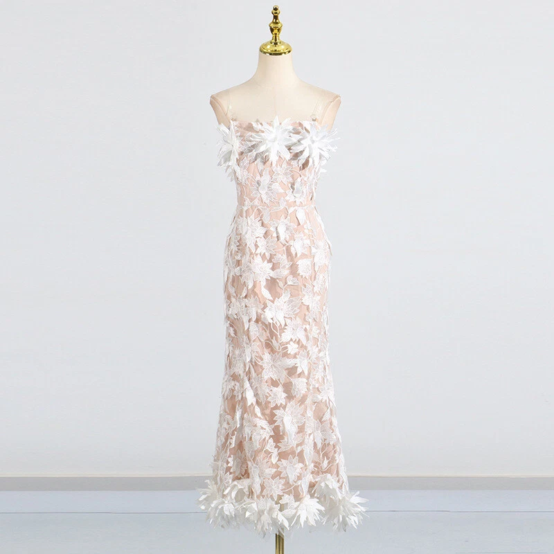 OFF WHITE Abito da festa retrò donna vestito senza spalline estivo nuovo abito lungo ricamo floreale