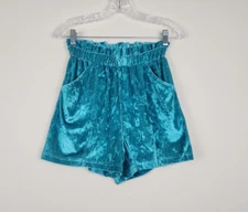 Rowdy Crowd Size S Crushed Velvet Teal Paperbag Stretch Shorts with Pockets