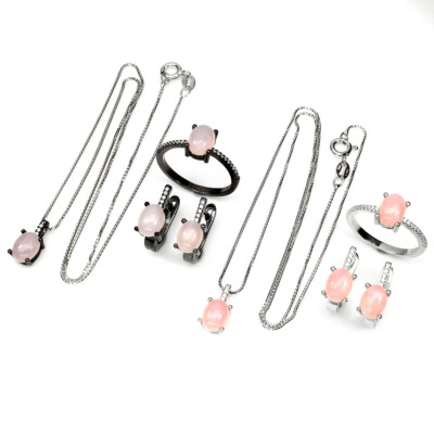 925 Sterling Silver Pink Opal Simulated Cz  Ring Earrings Necklace