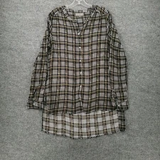 Michael Stars Shirt Women L Large Black Tunic Button Up Plaid Hi Low Long Sleeve