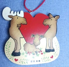 Vintage Wood Moose Family Love Ornament Handcrafted Painted USA 
