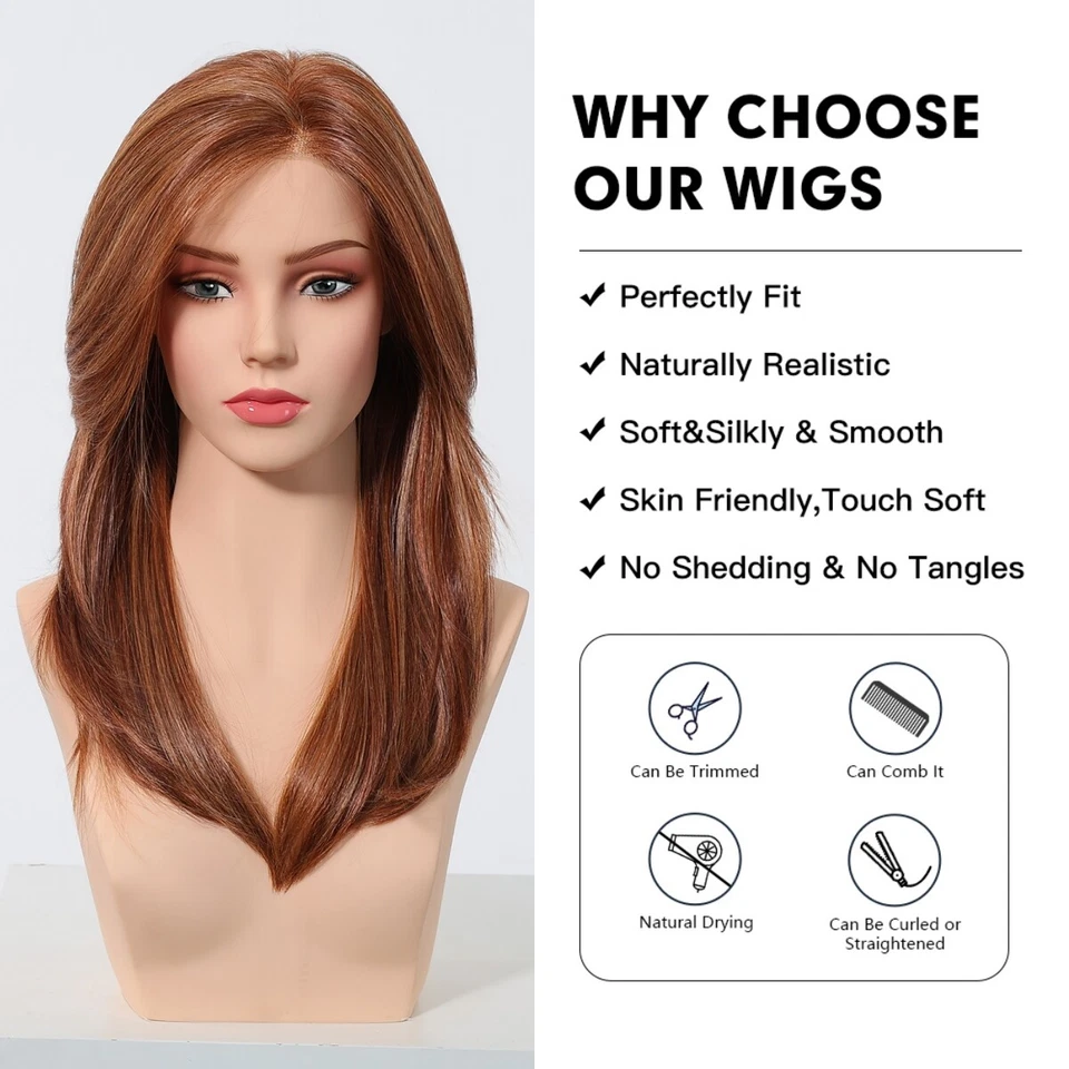 Peluca frontal de encaje sintético de cobre de longitud media cabello en capas jengibre peluca para mujer Foto 4 de 4