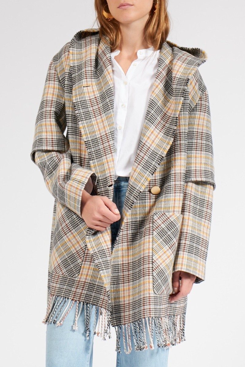 Dorothee Schumacher Mantel Kariert Beige Braun Fransen Kapuze 38 M
