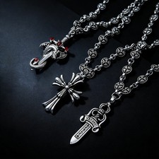 Vintage Antique Silver Pendant Necklace Gothic Punk Cross Sword Chain gift