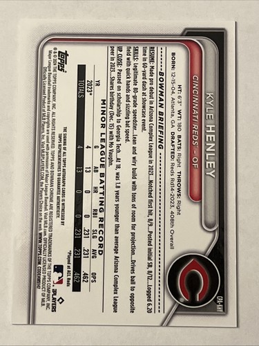 2024 Bowman Chrome Kyle Henley 1st Rookie Gold Shimmer Refractor Auto /50 Reds - Picture 2 of 2