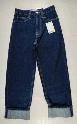 BERSHKA-NWT-Men s Baggy Cuffed Mid Rise Dark Wash Denim Blue Jeans-Size 28