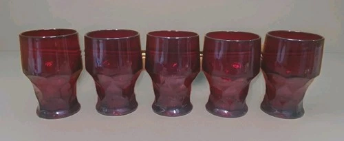 Vtg. Depression Glass Ruby Red Georgian  Honeycomb Glasses Set Of 5 Pre-owned