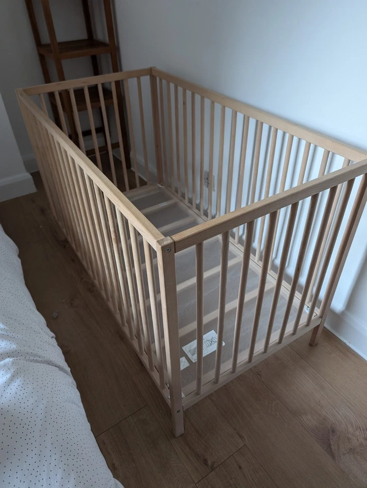 IKEA Solid Beech Wood Baby Cot Crib With Obaby Pocketsprung Mattress - Image 2 of 3