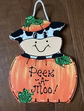 Cow Halloween Sign + Decor + Wooden + Hand Painted + Country Folk Art